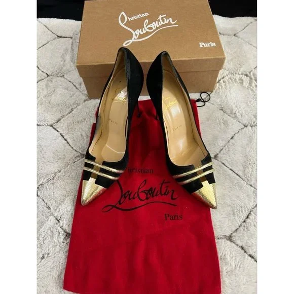 Christian Louboutin Pumps Stiletto Pointed Toe Pump Black Gold 38.5 - Picture 9 of 12
